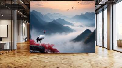 A serene landscape featuring two cranes standing on a rocky outcrop, gazing at each other. Wall mural