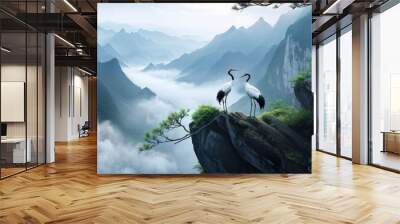 A serene landscape featuring two cranes standing on a rocky outcrop, gazing at each other. Wall mural