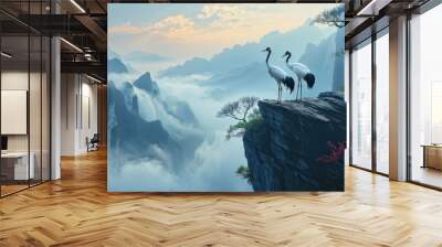 A serene landscape featuring two cranes standing on a rocky outcrop, gazing at each other. Wall mural