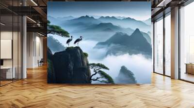 A serene landscape featuring two cranes standing on a rocky outcrop, gazing at each other. Wall mural