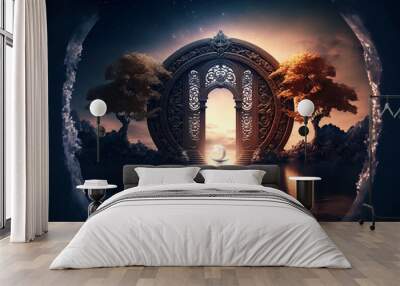 the light of evden a portal ancient gate in the middle of the waters, waters in the celestial sphere of peace, neverland dreamy cosmic beings surrounding in naturef 3d rendering Wall mural