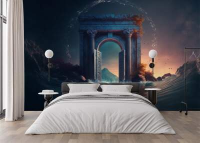 the light of evden a portal ancient gate in the middle of the waters, waters in the celestial sphere of peace, neverland dreamy cosmic beings surrounding in naturef 3d rendering Wall mural