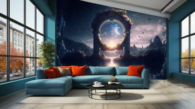 the light of evden a portal ancient gate in the middle of the waters, waters in the celestial sphere of peace, neverland dreamy cosmic beings surrounding in naturef 3d rendering Wall mural