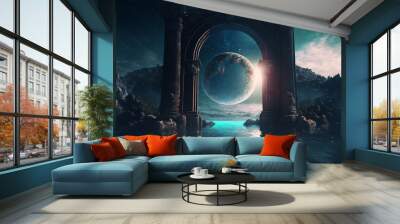 the light of evden a portal ancient gate in the middle of the waters, waters in the celestial sphere of peace, neverland dreamy cosmic beings surrounding in naturef 3d rendering Wall mural