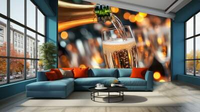 Champagne Pouring into Glass with Festive Bokeh Background Wall mural