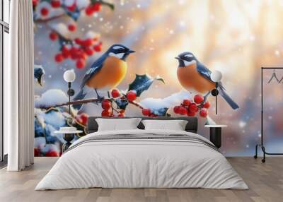 Two Birds Perched on a Holly Branch in Winter Wall mural