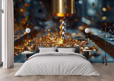 A close-up of a drill cutting metal, creating sparks and shavings in an industrial setting. Wall mural