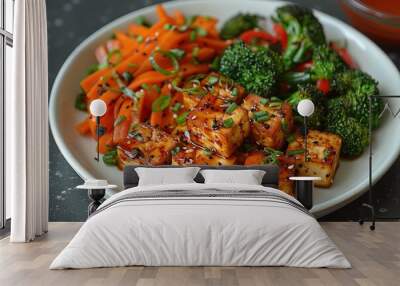 A colorful plate featuring tofu, broccoli, and carrots, highlighting a healthy meal. Wall mural