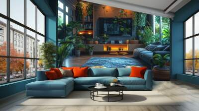 A cozy living room filled with plants, a large TV, and comfortable seating for relaxation. Wall mural