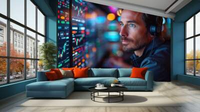 A focused trader analyzes market data on multiple screens in a modern trading environment. Wall mural