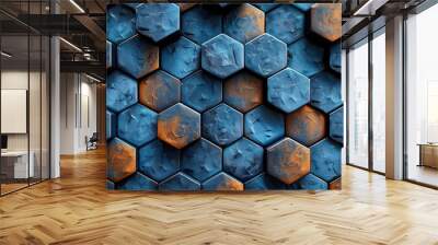 A textured pattern of hexagonal tiles in blue and orange hues. Wall mural