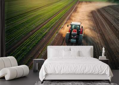 A tractor plowing a field, creating dust in a rural landscape. Wall mural