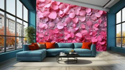 A vibrant arrangement of pink flower petals scattered with sparkling elements. Wall mural