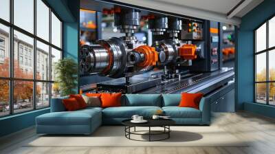 Close-up of industrial machinery showcasing precision engineering and manufacturing processes. Wall mural