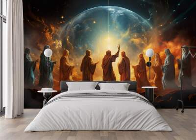 A group of people standing in front of a planet. Generative AI. Last supper of Jesus, AI generative image. Wall mural