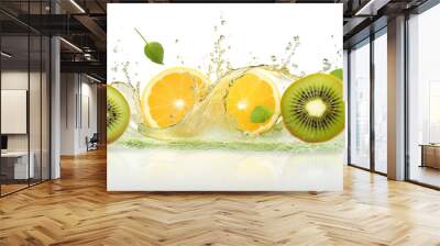 A group of sliced oranges and kiwis in water. Generative AI. Splash of fresh tasty juice on white background. Wall mural