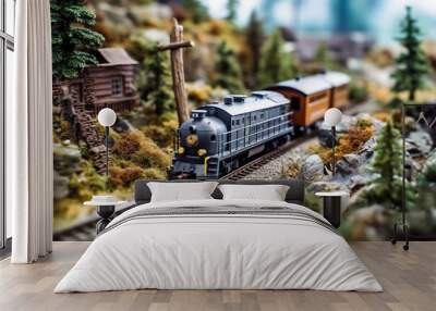 A model train on a track near a small building. Generative AI. Wall mural