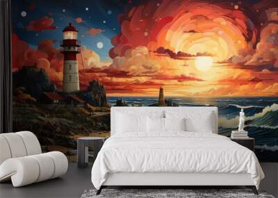 A painting of a lighthouse on a rocky shore. Fiction, made with AI. Wall mural