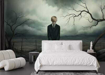 A painting of a man in a suit sitting on a rock depression and despair. Wall mural