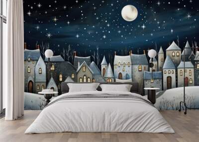 A painting of a snowy town at night Wall mural