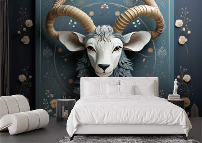 A paper cut of a ram head on a wall. Generative AI. Blessed sheep of lamb, Eid Al Adha. Wall mural