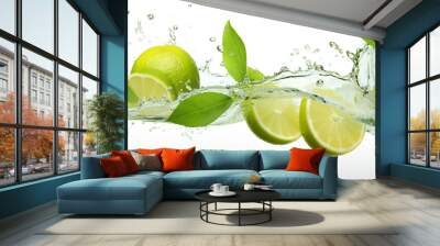 A slice of lime annd mint leaves falling into the water on white background. Panoramic banner image. Generative AI. Wall mural