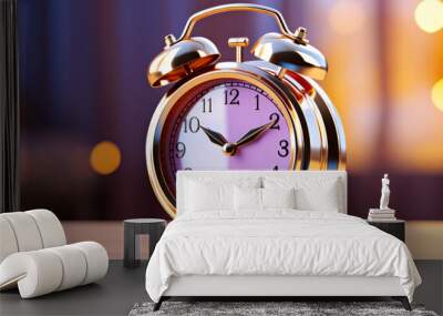 An alarm clock sitting on top of a wooden table. AI image. Wall mural