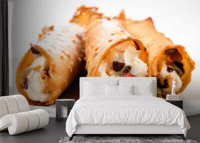 Cannoli, pastry shells filled with sweetened ricotta cheese, choco chips, and candied fruit. Generative AI. Wall mural