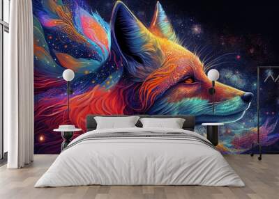 Celestial rainbow fox vision, protector, spirit, tribal style, psychedelic imaginary creature, AI Generative panoramic banner Wall mural