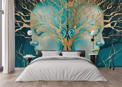 Forest spirits, twins, gold tree with two faces, symmetrical, cyan and vibrant turquoise colors, AI generative digital illustration Wall mural