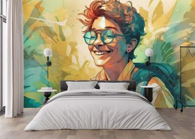 Happy boy teenager in glasses with backpack on a sunny day, watercolor AI generative illustration Wall mural