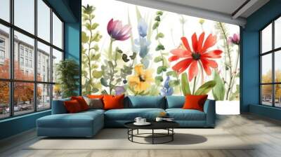 Panoramic banner with watercolor flowers, meadow in summer, horizontal border of adorable wild flowers, AI generative Wall mural