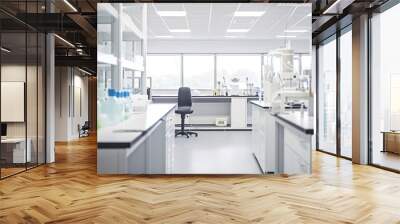 Scientific laboratory interior, research facilty, light and airy with white shelves and benches, modern design, AI generative Wall mural