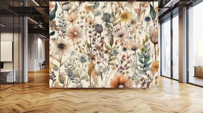 Seamless boho floral watercolor background, watercolor pattern, AI generative background pattern in natural tones Wall mural