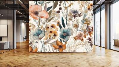 Seamless boho floral watercolor background, watercolor pattern, AI generative background pattern in natural tones Wall mural