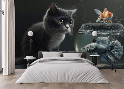 Small siamese kitten looks at goldfish flying above aquarium with another fish, surreal AI generative illustration Wall mural