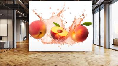 Three peaches are splashing with water on a white surface. Water or juice splash on white background Wall mural