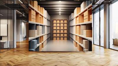 Warehouse, storage room with cardboard boxes on shelves, symmetrical industrial illustration, AI generative. Wall mural