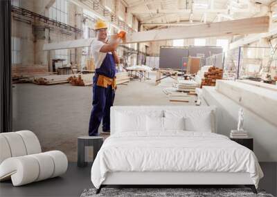 Cheerful male builder carrying wooden plank at construction site Wall mural