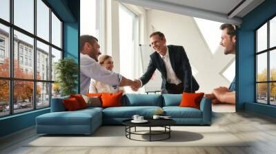 Congratulations Two cheerful colleagues shaking hands and smiling while sitting in the modern office Wall mural