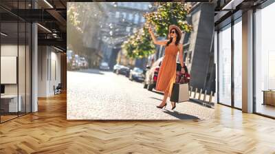 Waiting for taxi. Full length of a young happy fashionable woman with shopping bags wearing long summer dress and high heel shoes standing on the road outdoors Wall mural