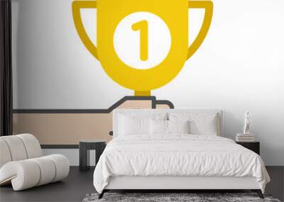 Hand holding golden cup award. Vector illustration, flat design Wall mural