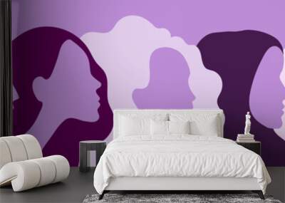 International Women's Day. March 8. Portraits of different women in profile. Horizontal format. Violet colors. Vector illustration, flat design Wall mural