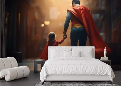 A father in a superhero costume holding hands with a boy Wall mural