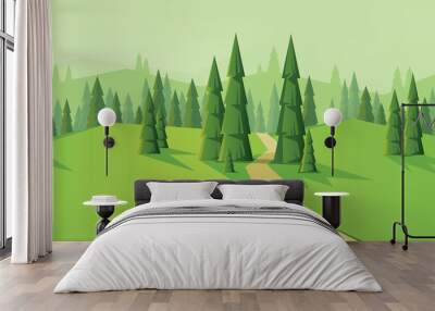 Digital vector abstract background with a road, pines and mountains, flat triangle style Wall mural