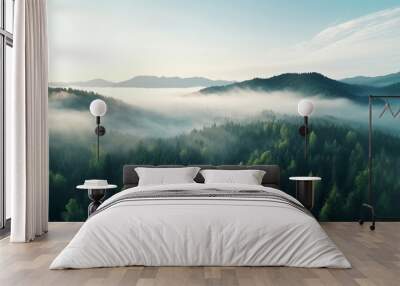 Morning fog above the forest Wall mural