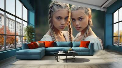 Two twin girls with braided hair Wall mural