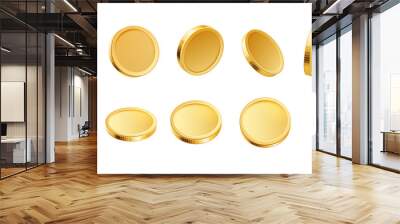 3D golden coins. Realistic blank yellow brass or gold coin different views. Payment and investment, bank and finance, money symbol isolated vector set. Glossy rotating currency animation Wall mural