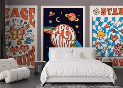 70s groovy posters, retro print with hippie elements. cartoon psychedelic landscape with mushrooms a Wall mural