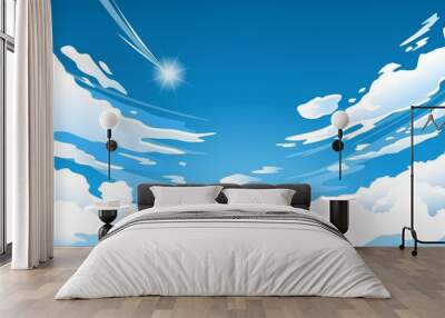 Anime sky. Cloud in blue heaven in sunny summer day, cloudy beautiful nature morning scene with falling star vector wallpaper, background. Bright cloudscape with cumulus and shining Wall mural